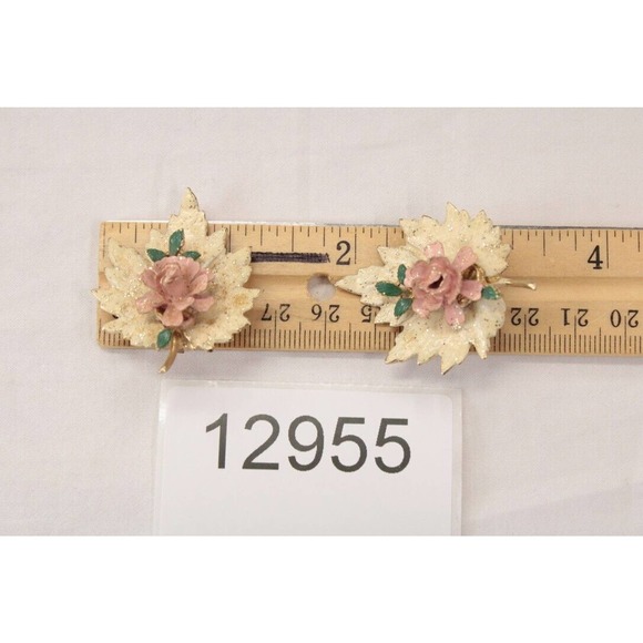 Vintage Pink Roses on Leaves Clip On Earrings 1950s Glitter Sparkles MCM - Picture 6 of 6
